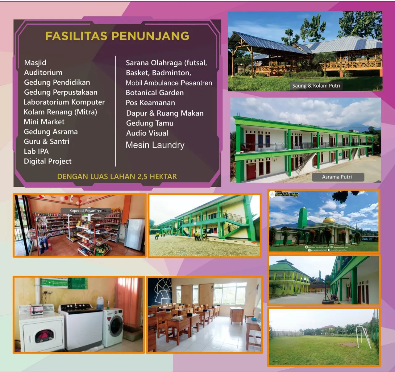 Infografik daftar lengkap fasilitas Pondok Pesantren Modern Ibnu Ash-Sholah